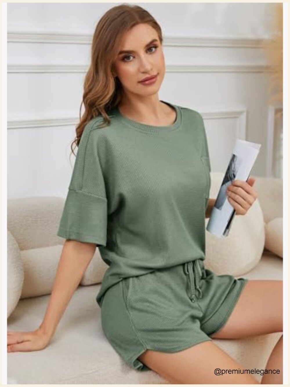 Waffle Knit Lounge Set Short Sleeve Top & Shorts 2 Piece Pajamas with Pockets - Picture 2 of 7